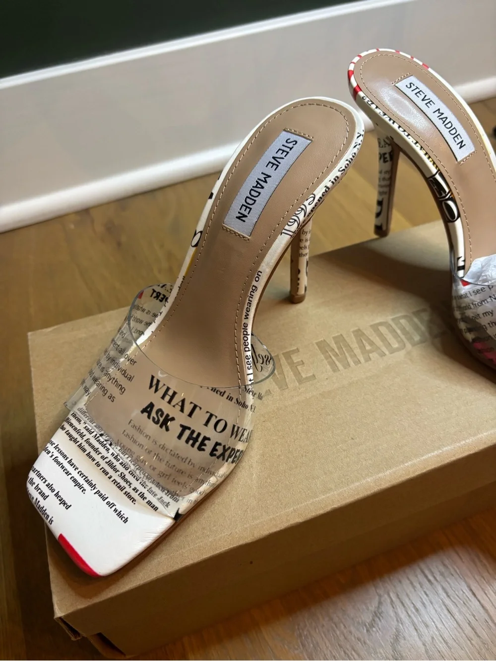 Steve Madden White Newspaper Print Slide Heels with Red Accent